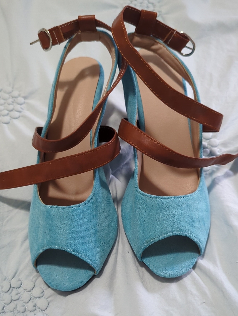 Hudson Ridge Open-Toe Suede Heels in Light Blue with Brown Straps